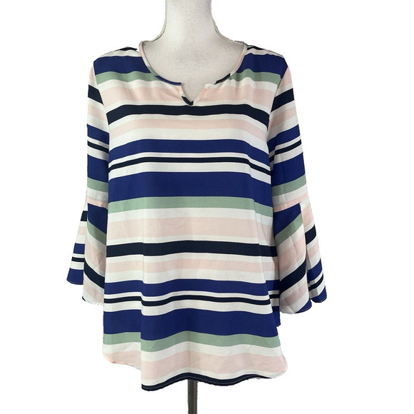 Van Heusen Blouse Tunic size Large Blue Pink Striped Sheer Modest Career Church - Picture 1 of 9